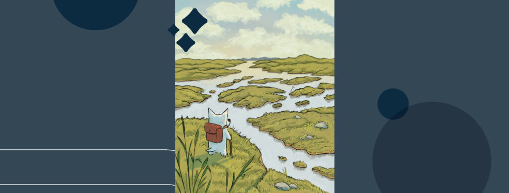 Illustration by David Bruggink of a dog wearing a backpack staring over a vast marsh, observing an egret.