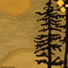 a quilt by Brenda Seller displaying two tall pine trees in the foreground and rolling hills and a sunset in the background