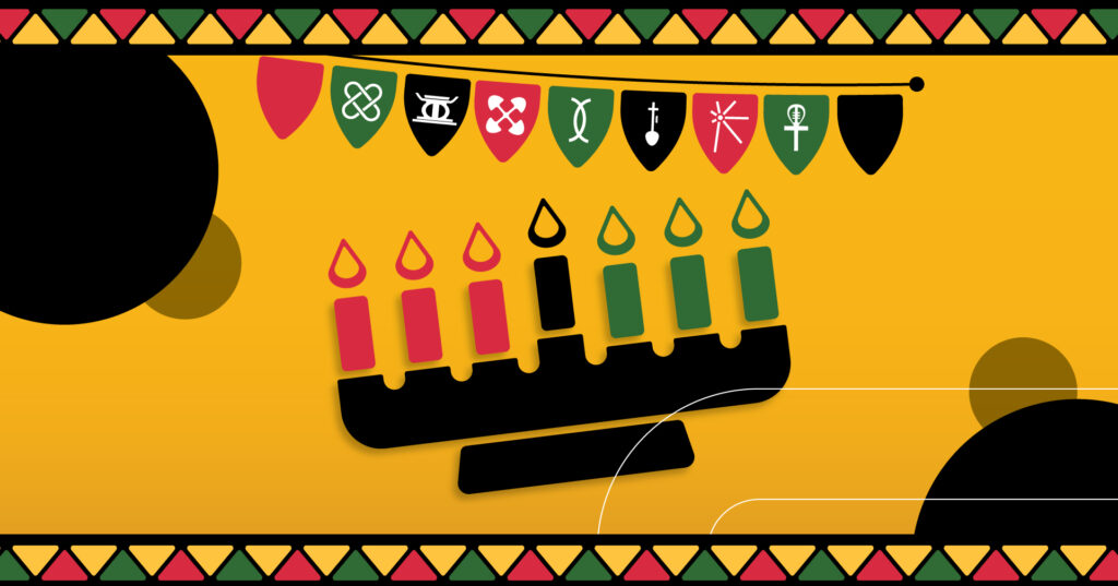 A KWANZAA BANNER WITH A KINARA AND FLAGS WITH KWANZAA SYMBOLS