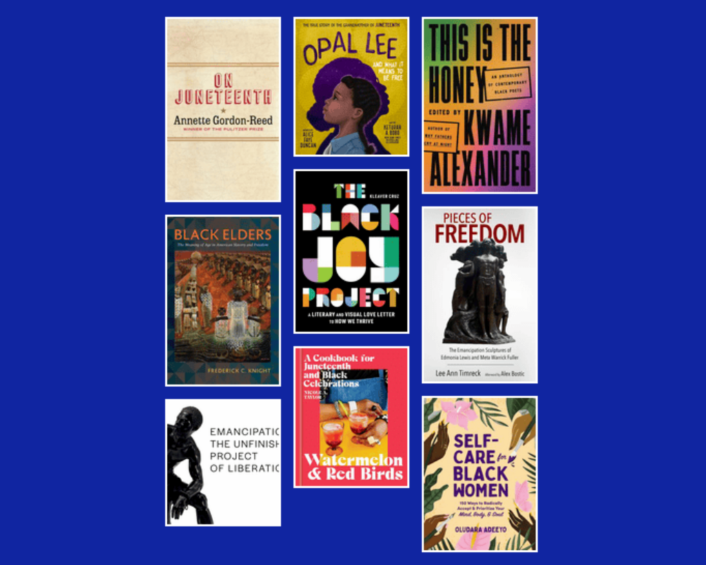 An image featuring nine book covers of titles found in PPL's Juneteenth booklist