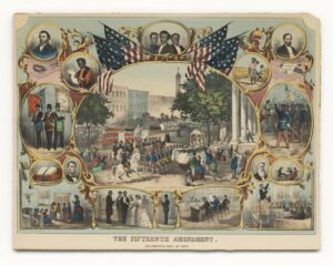 At center, a depiction of a parade in celebration of the passing of the 15th Amendment. Framing it are notable anti-slavery forces such as John Brown and Frederick Douglas.
