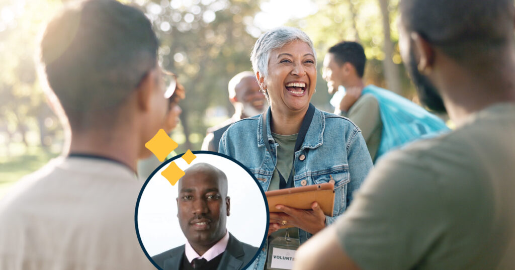 A volunteer with a clipboard signs up two new immigrants for a community service. Adjacent is a photo of the event speaker Georges Budagu Makoko